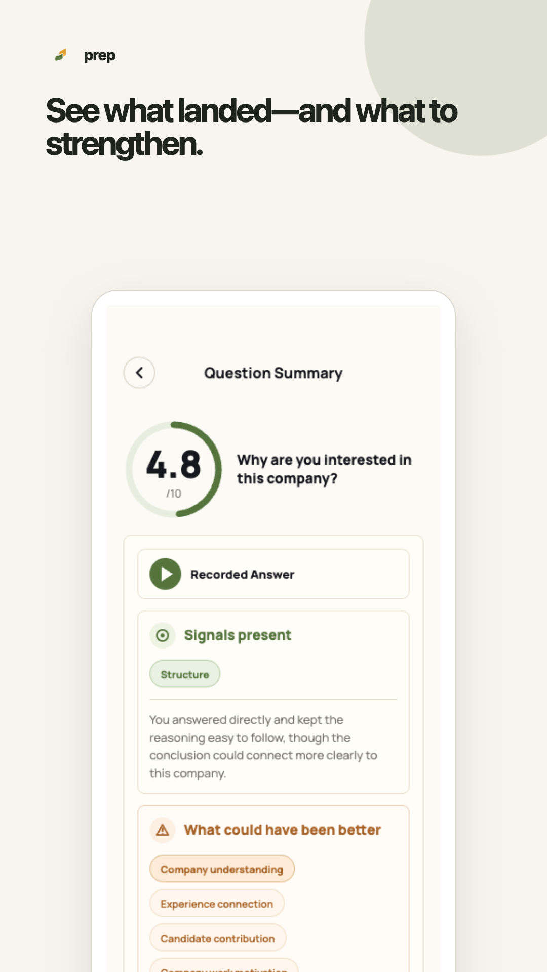 Question summary with an overall score and targeted feedback.